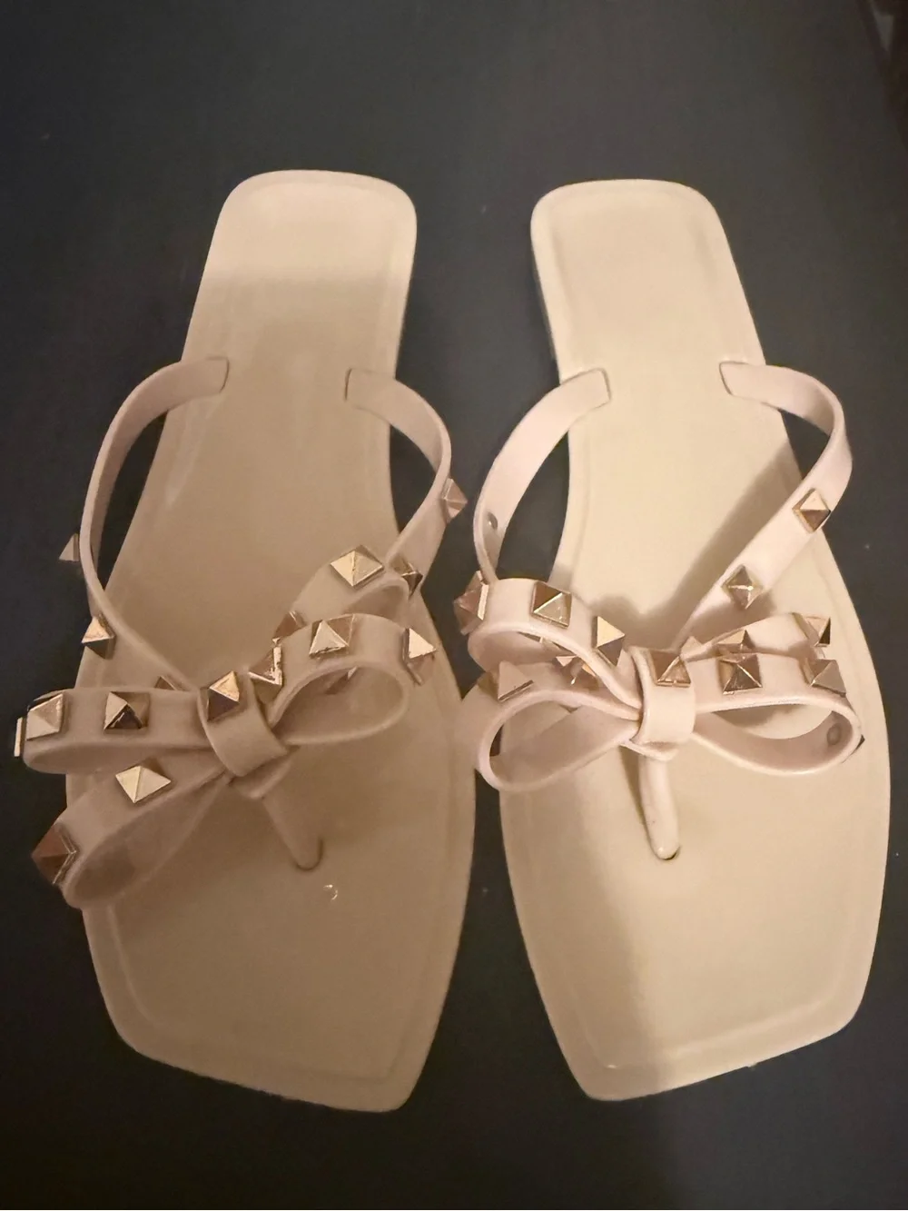 Nude Studded Bow Thong Sandals - Women's Summer Flip Flops
